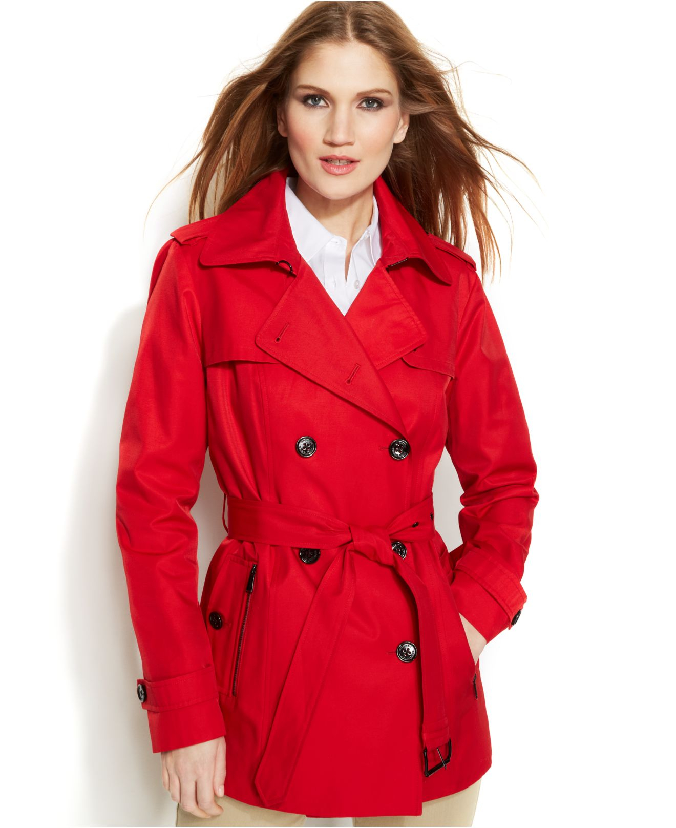 Michael kors Michael Double-Breasted Belted Trench Coat in Red | Lyst