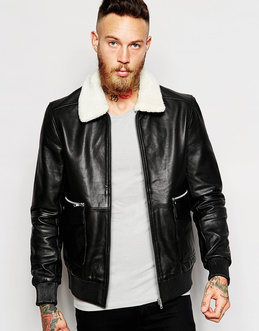 Noose And Monkey Leather Jacket With Shearling Collar In