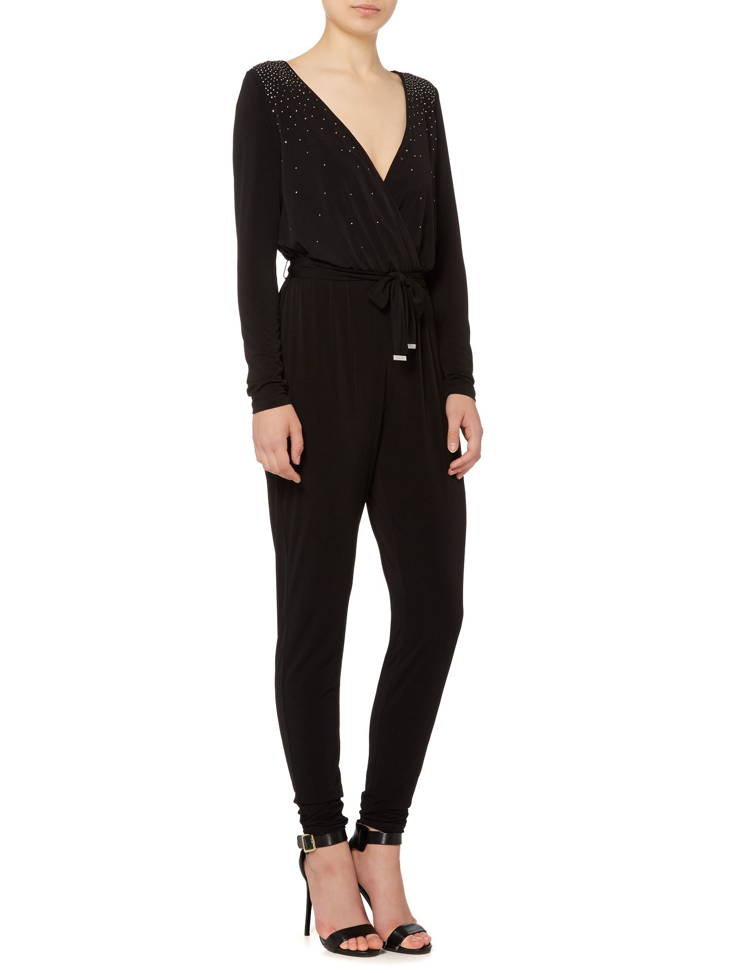 Michael kors Long Sleeve Diamante Stud Jumpsuit in Black | Lyst