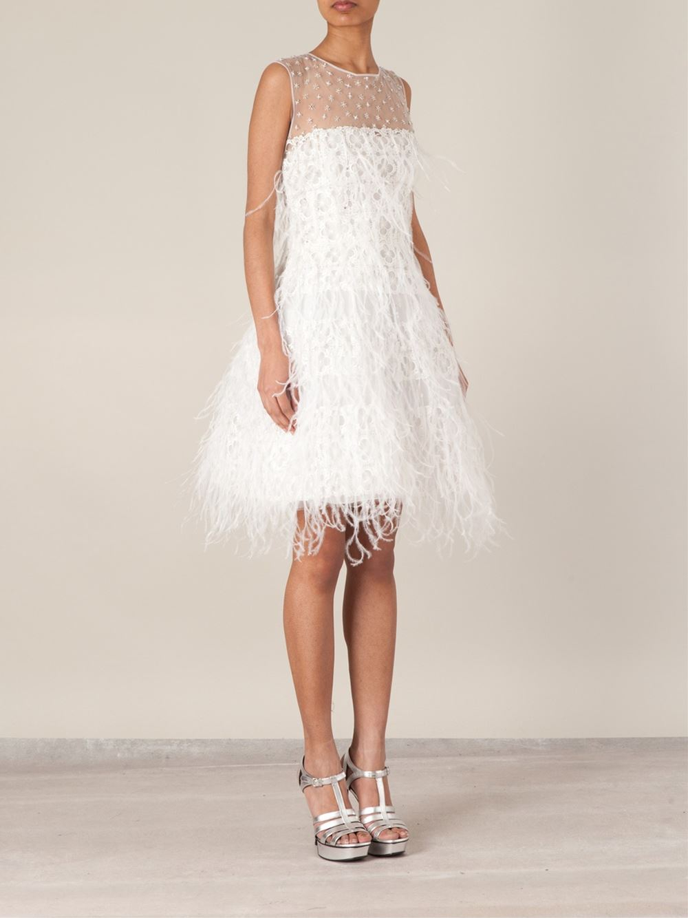 Lyst - Oscar De La Renta Ostrich Feather Embroidered Dress in White