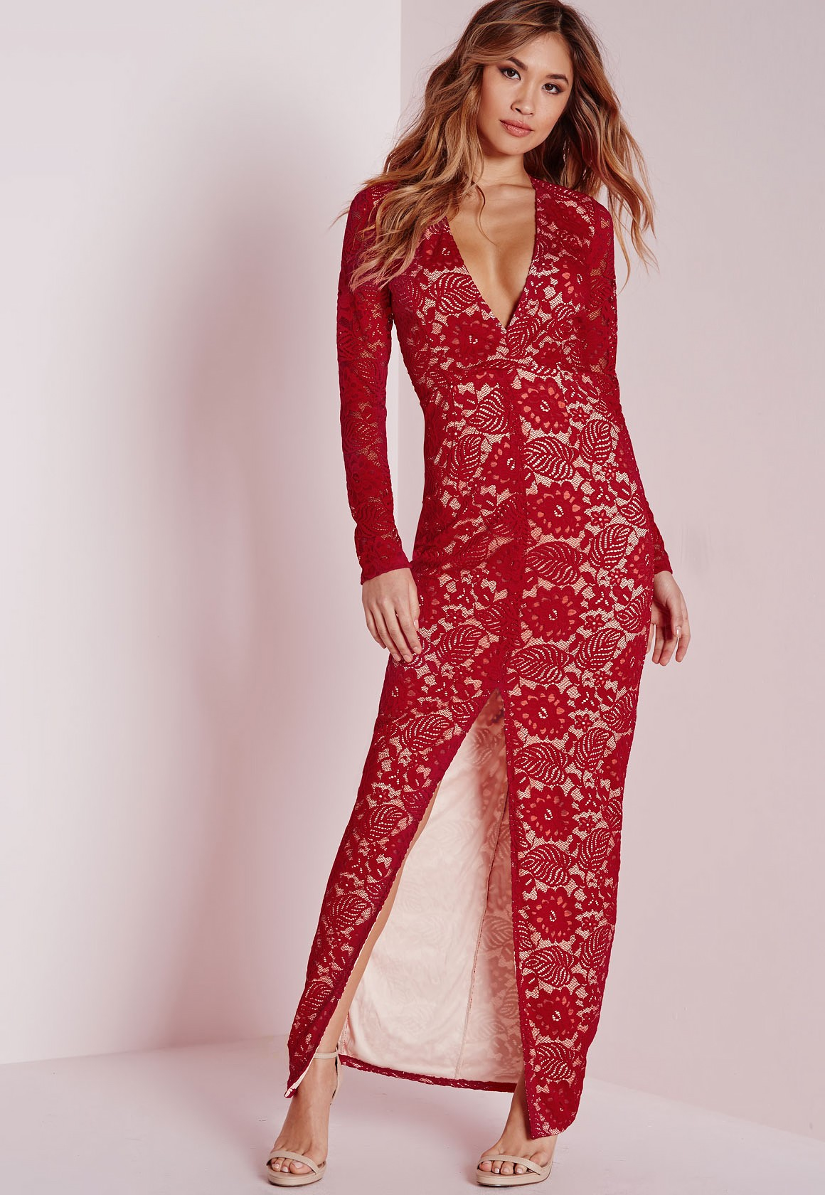 Missguided Lace Long Sleeve Maxi Dress Red In Red Lyst