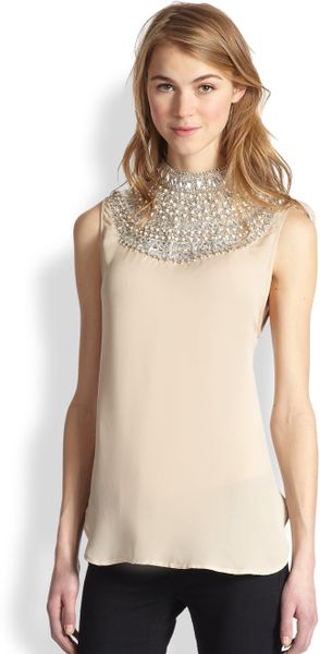 Haute Hippie Embellished Silk Blouse in Pink (BUFF PEARLS/CRYSTAL) | Lyst