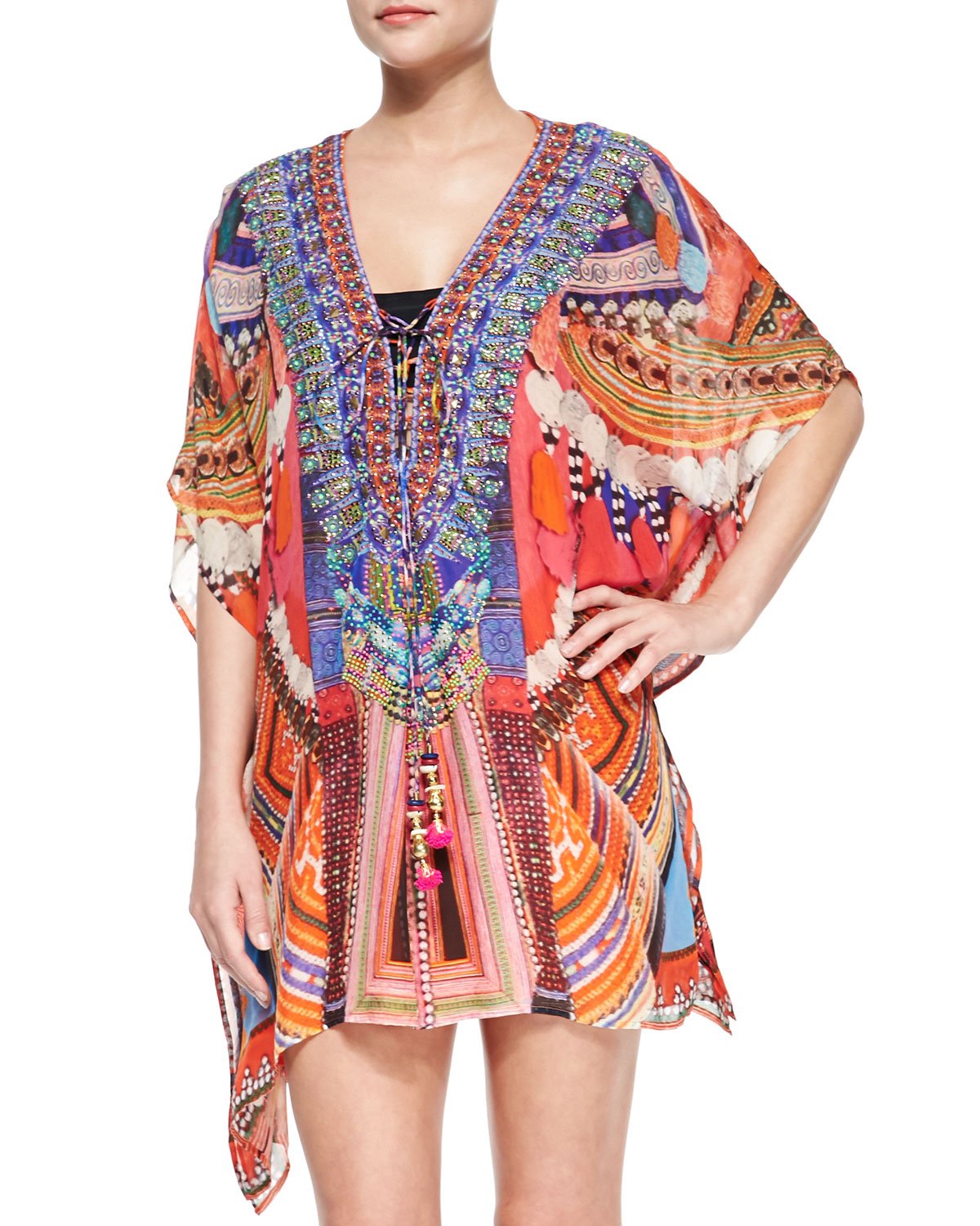 Camilla Short Lace-Up Caftan Coverup in Multicolor | Lyst