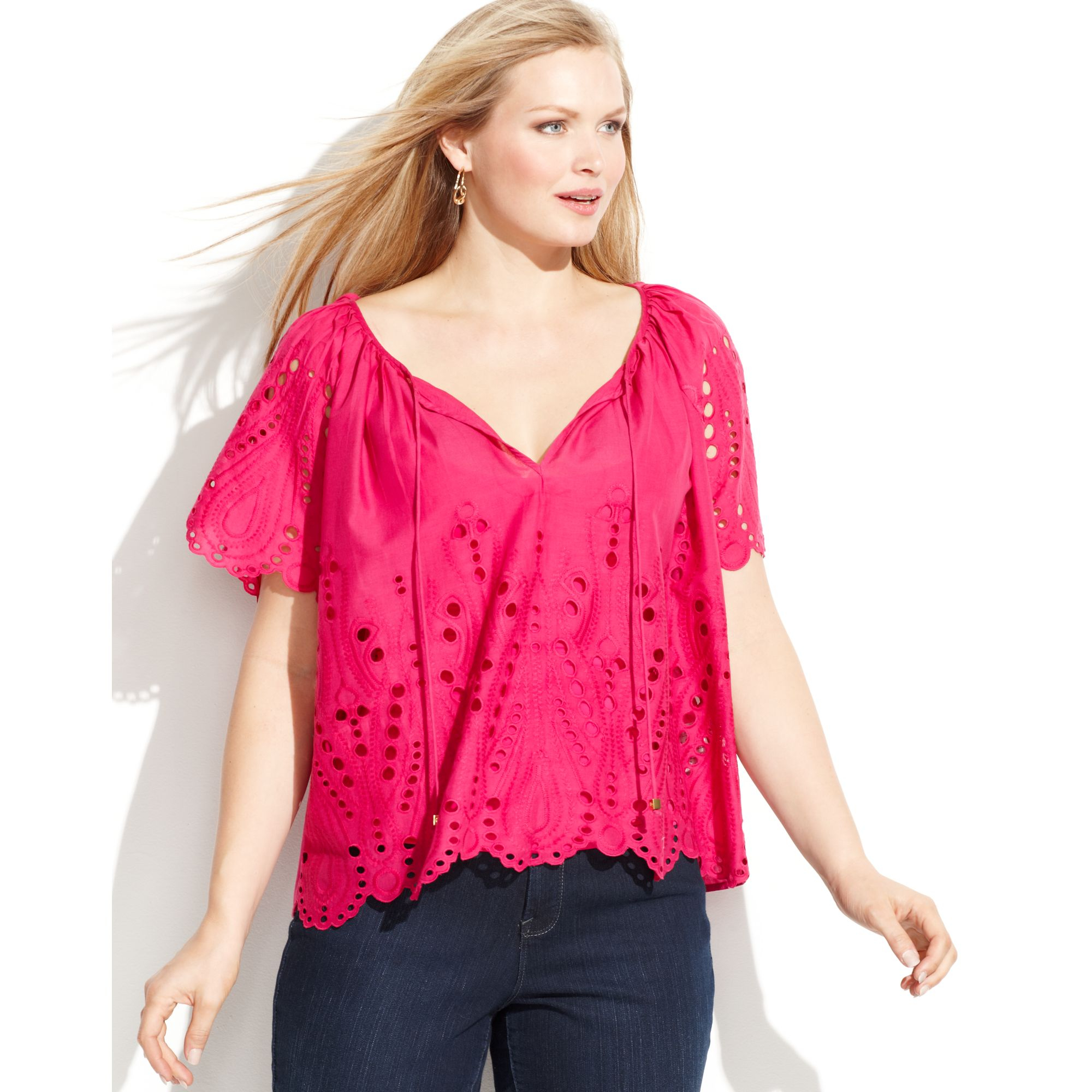 Michael kors Michael Plus Size Shortsleeve Eyelet Blouse in Pink | Lyst