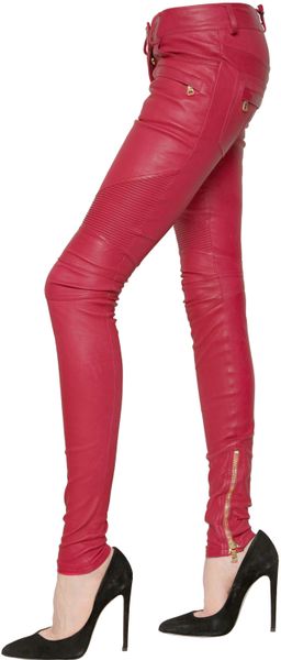 Balmain Quilted Stretch Leather Biker Jeans in Pink (fuchsia) | Lyst