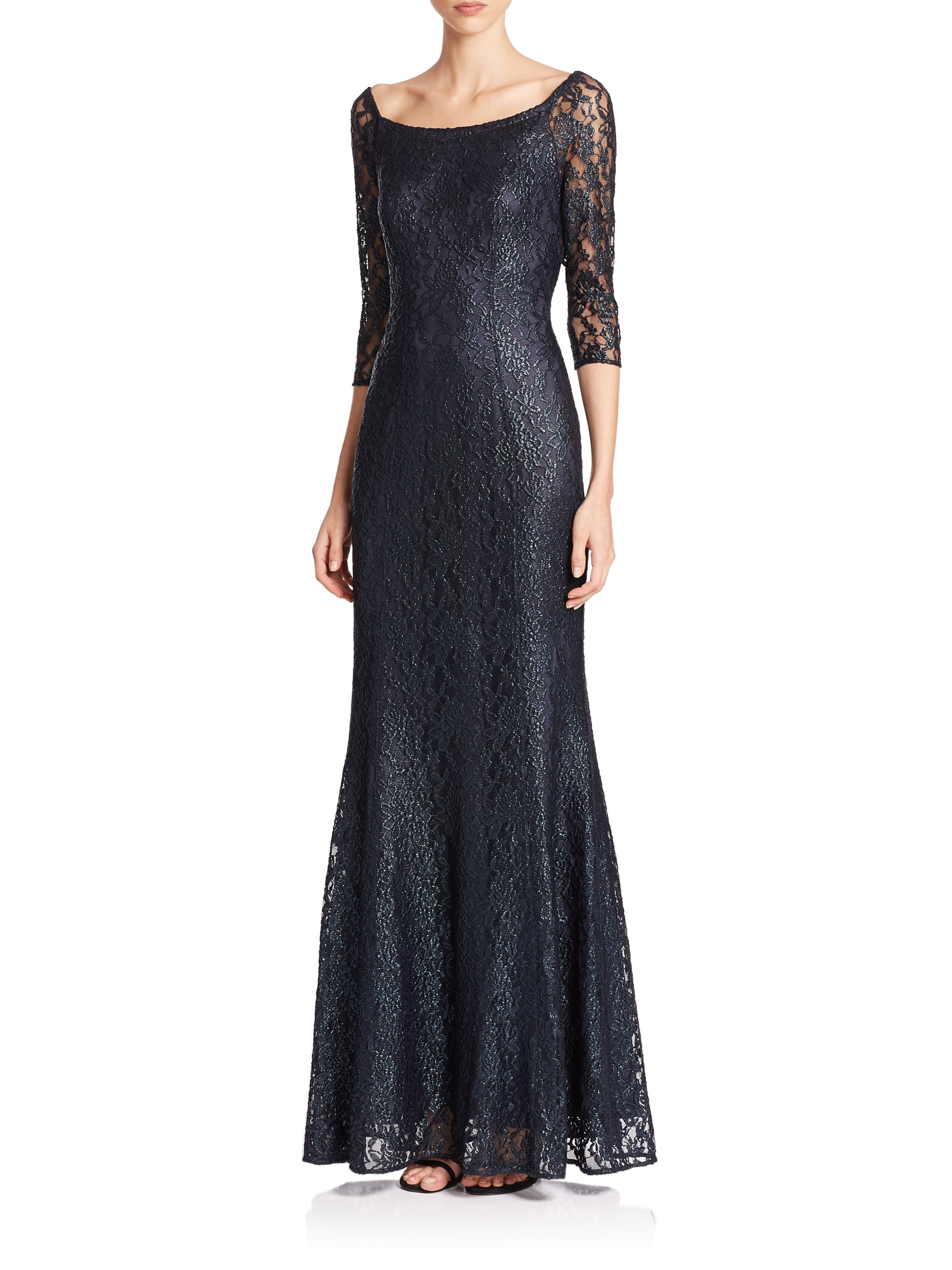 Kay unger Off-the-shoulder Floor-length Lace Gown in Blue | Lyst