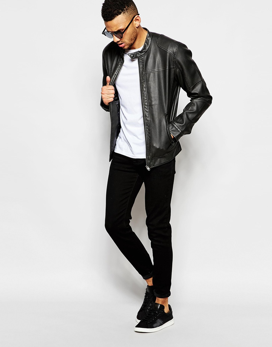 Lyst - Jack & Jones Faux Leather Jacket With Biker Collar in Black for Men