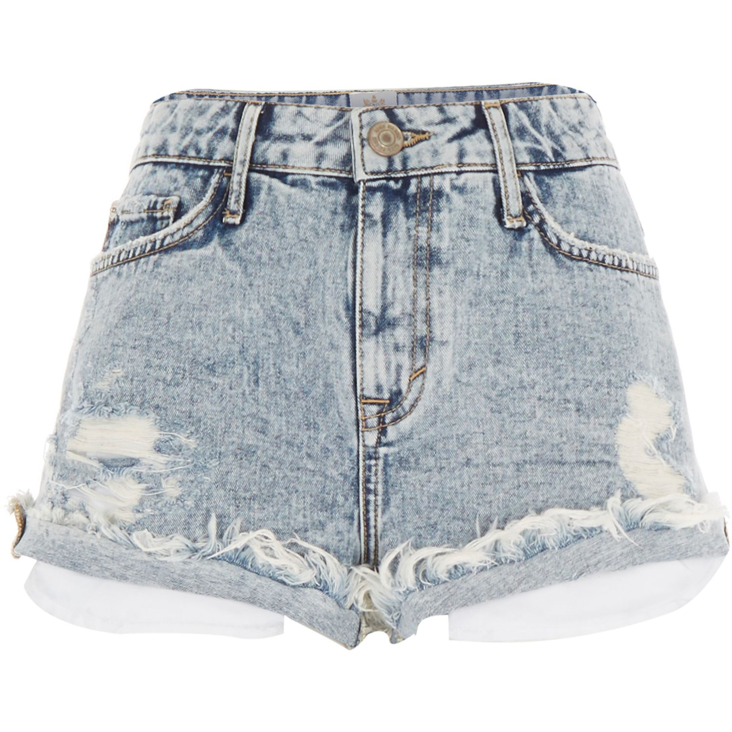 River island Light Acid Wash Distressed Denim Shorts in Blue (denim) | Lyst