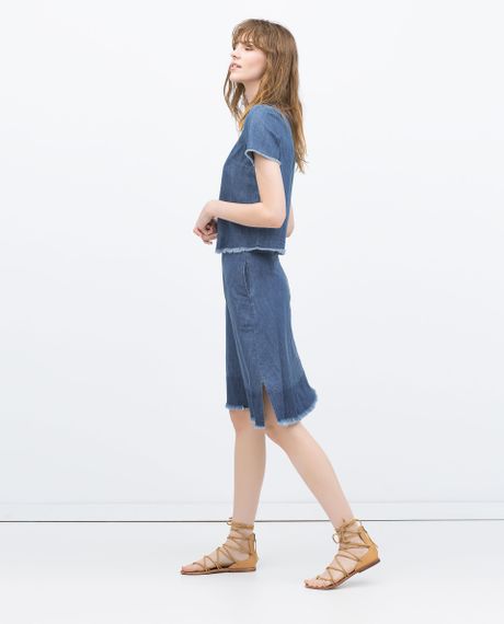 Zara Mid-Length Frayed Denim Skirt in Blue (Mid-blue)