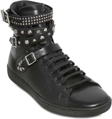 Saint Laurent Studded Belted Leather High Top Sneakers in Black | Lyst
