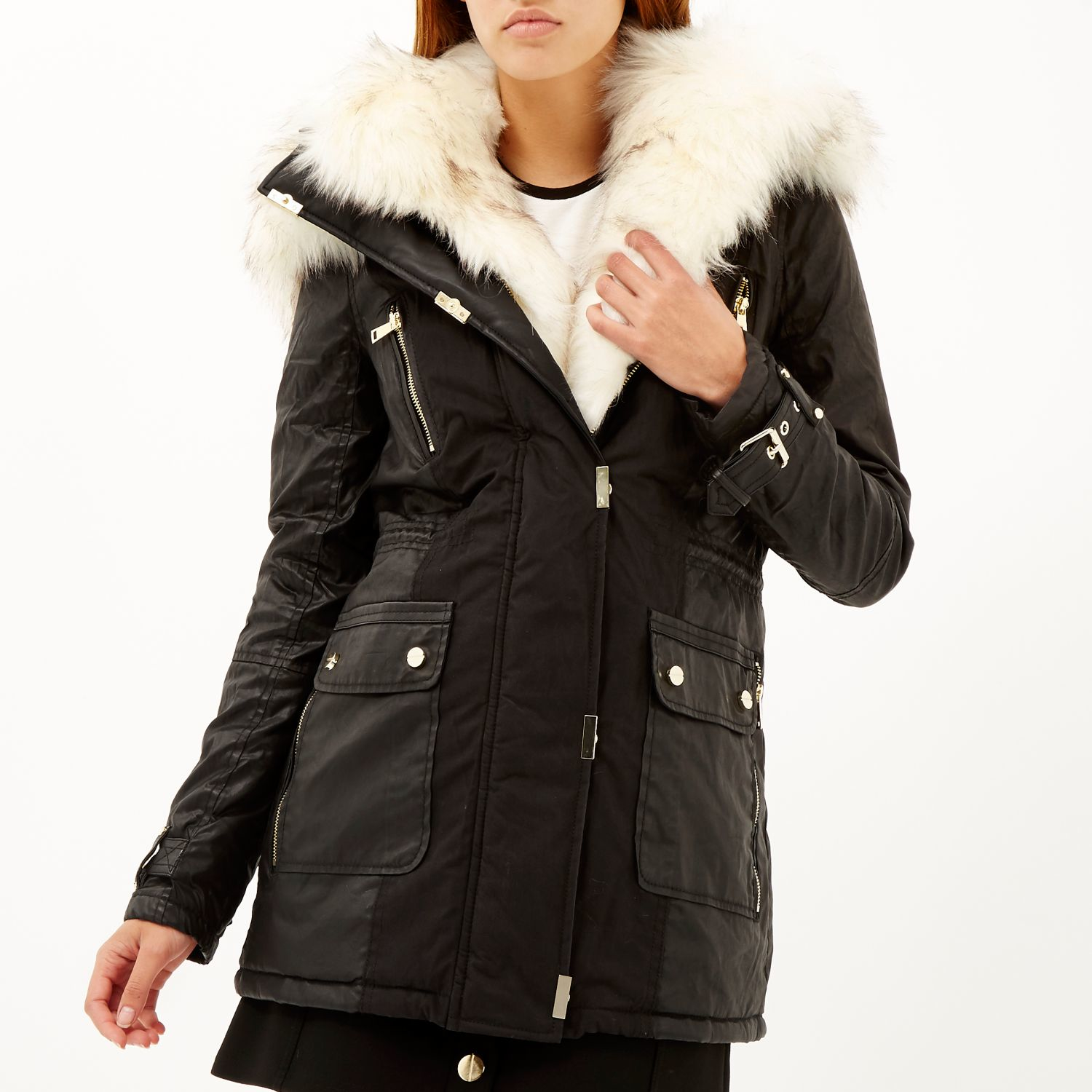 River island Black Faux Fur Trim Parka Jacket in Black | Lyst