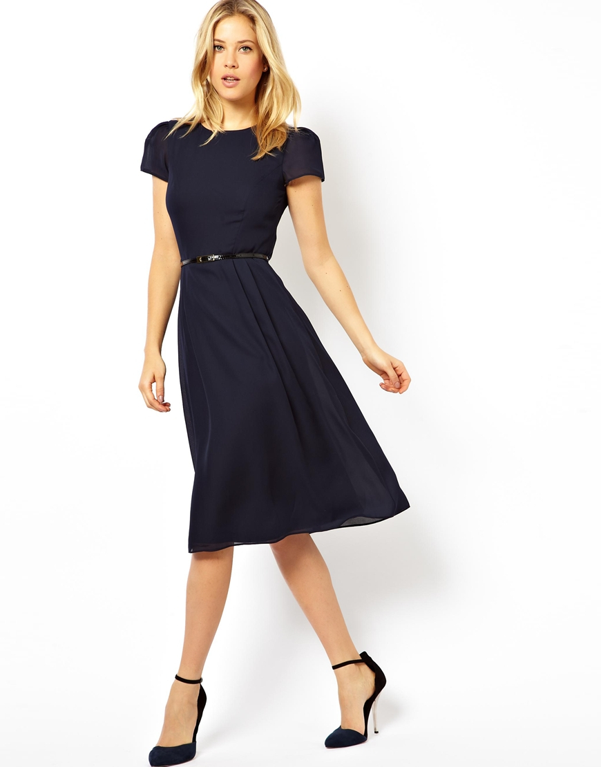 Lyst - Asos Simple Midi Skater Dress With Belt in Blue