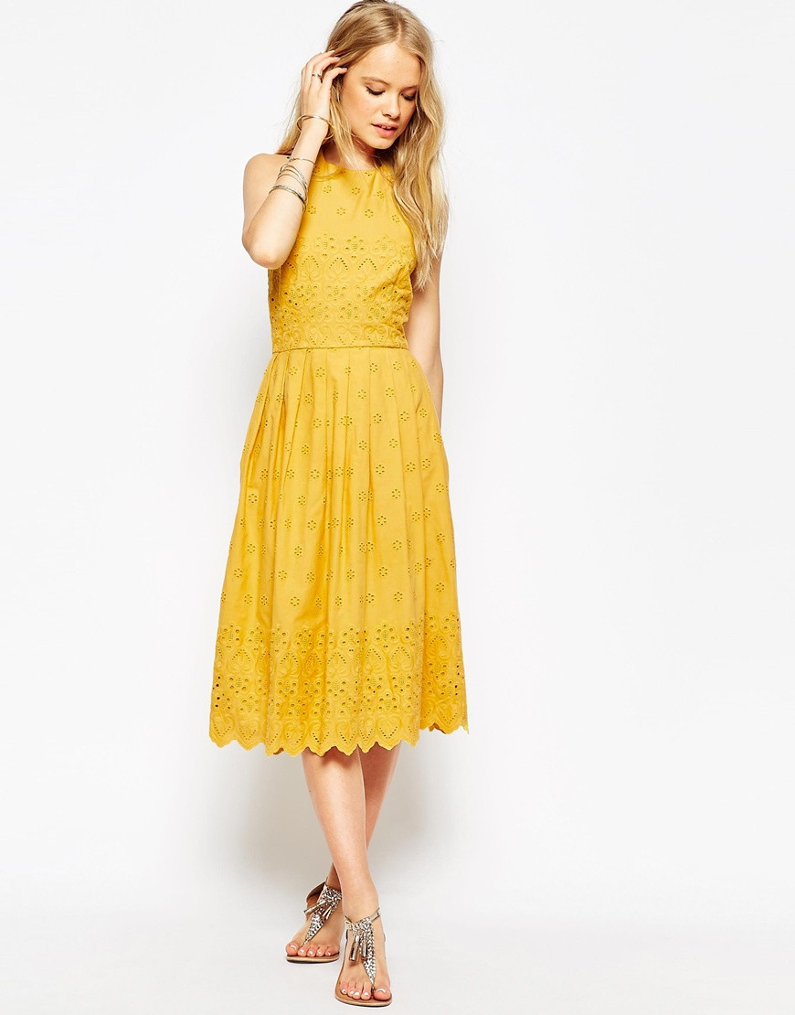 Asos Broderie Picnic Dress in Yellow | Lyst
