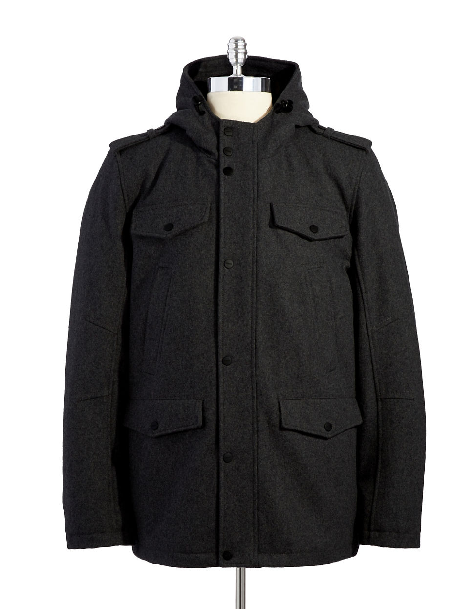 Guess Hooded Wool Coat in Black for Men | Lyst
