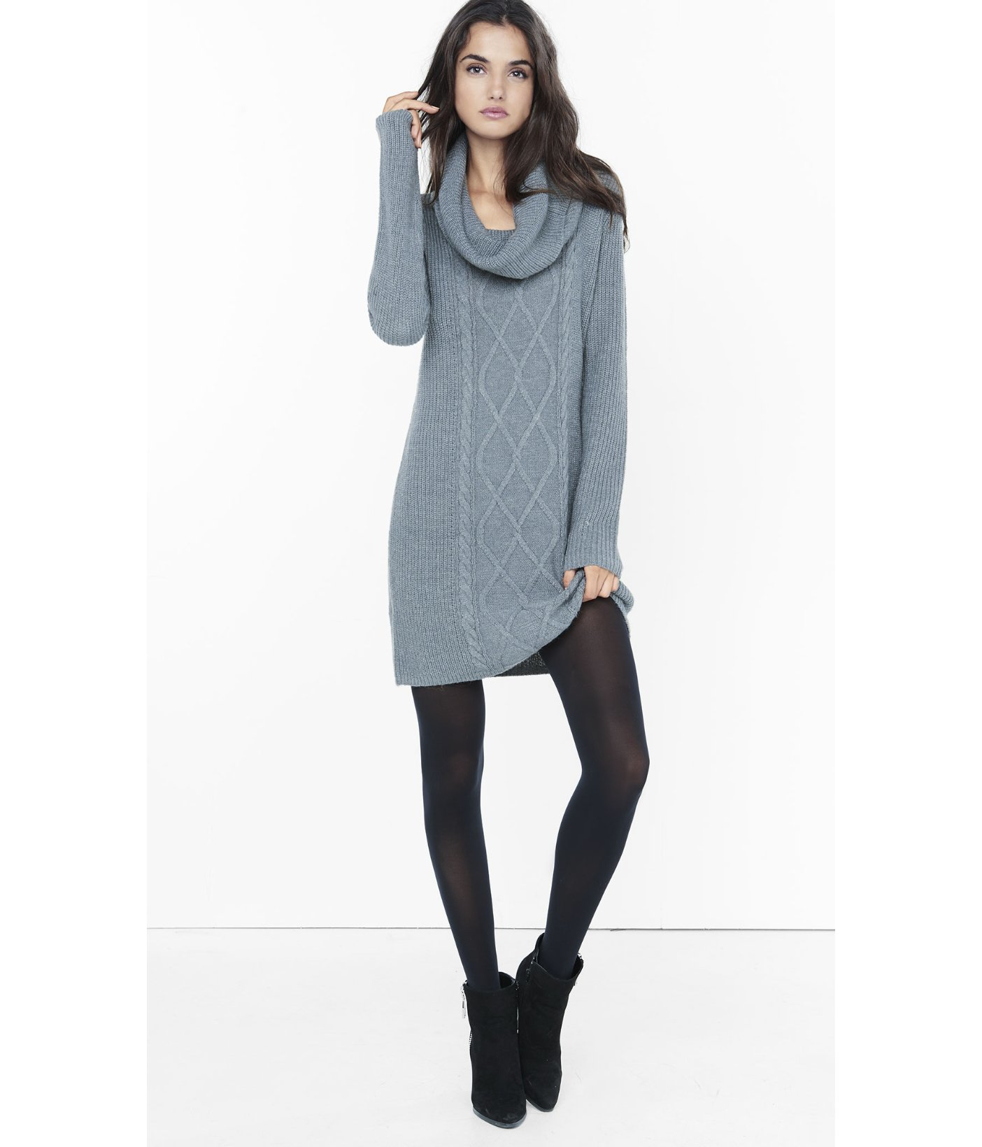 Express Gray Cowl Neck Cable Knit Sweater Dress in Gray | Lyst