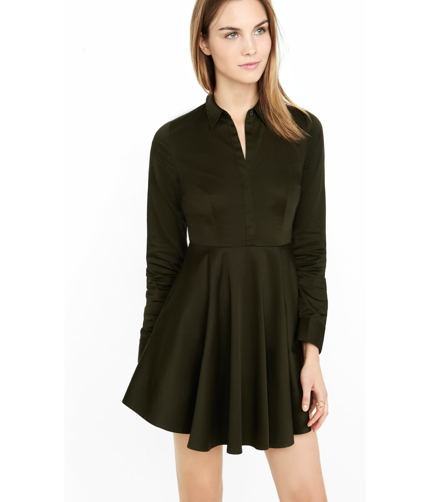 Express Olive Green Fit And Flare Shirt Dress in Green | Lyst