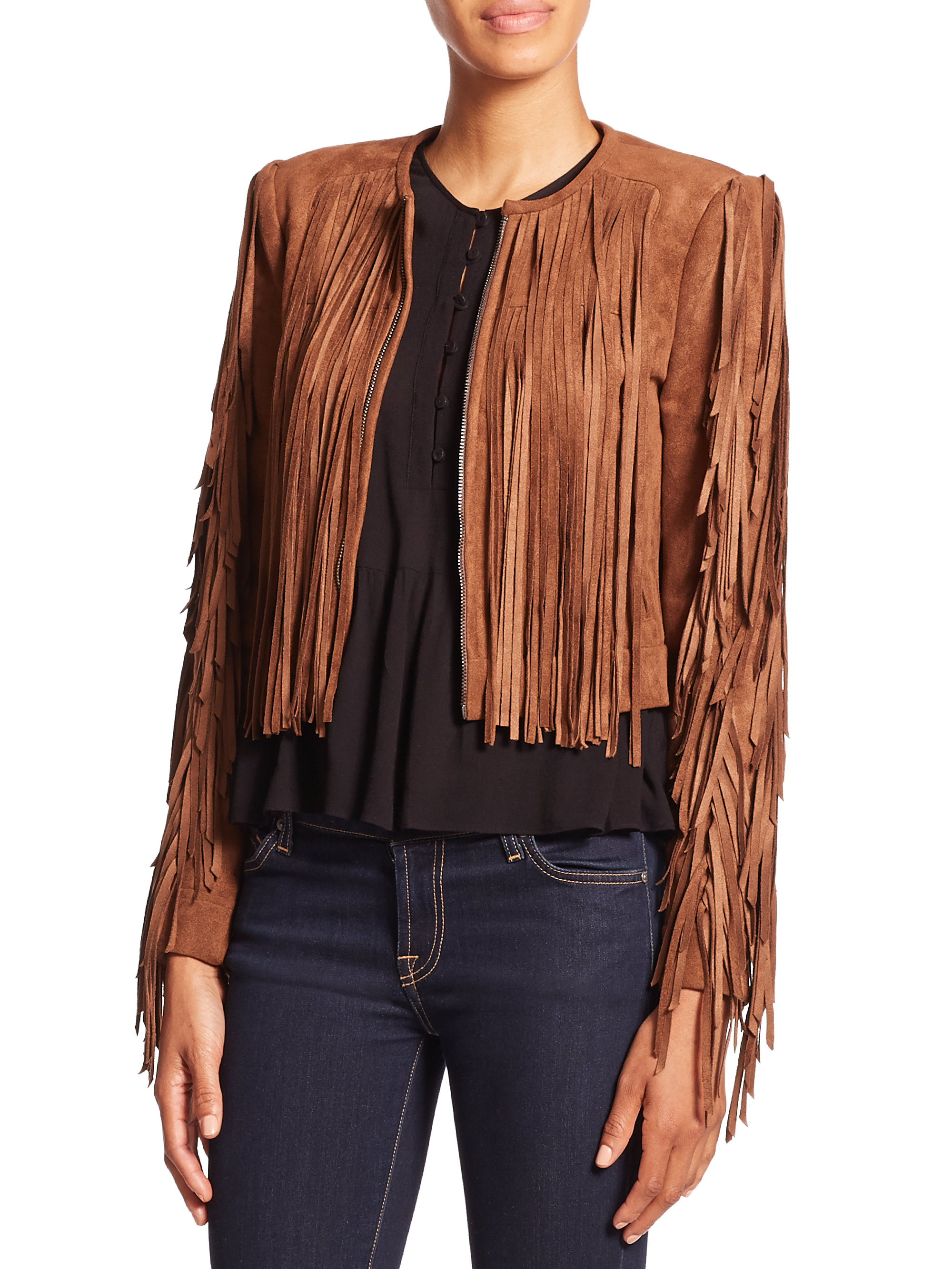 Bcbgmaxazria Farrell Cropped Faux Suede Fringe Jacket in Brown | Lyst