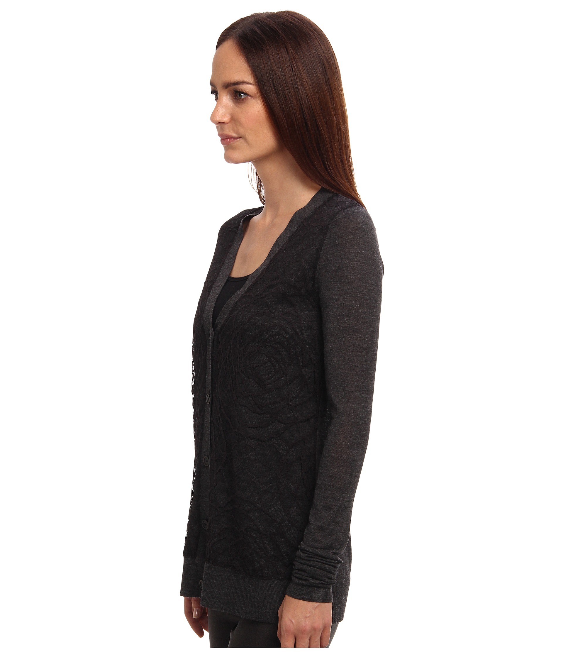 Vera wang Ls Wool Cardigan W Lace in Gray (Charcoal) | Lyst