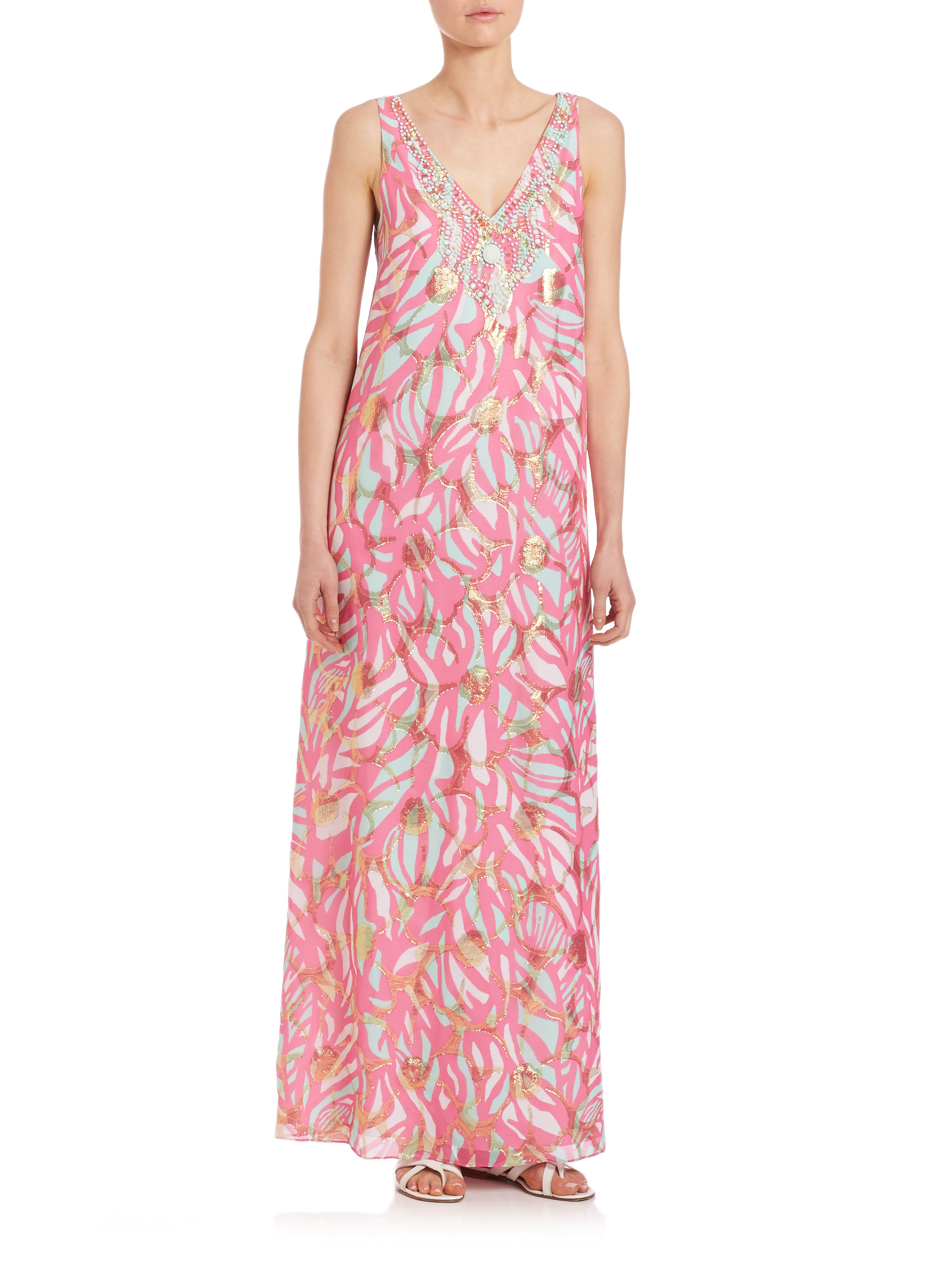 Lilly Pulitzer Mallory Metallic Silk Chiffon Maxi Dress In Pink Lyst