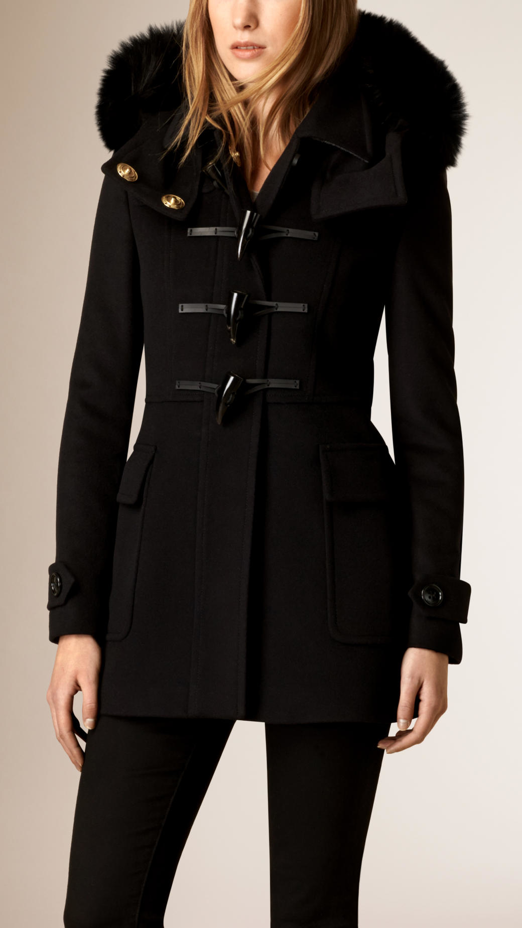 Lyst - Burberry Fox Fur Trim Wool Duffle Coat in Black