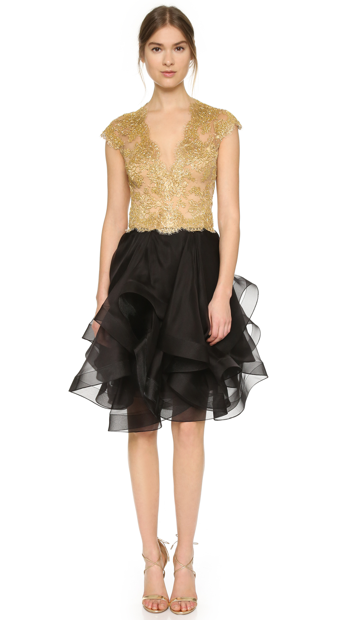 Lyst Reem Acra Cap Sleeve Lace Dress In Metallic Gallery