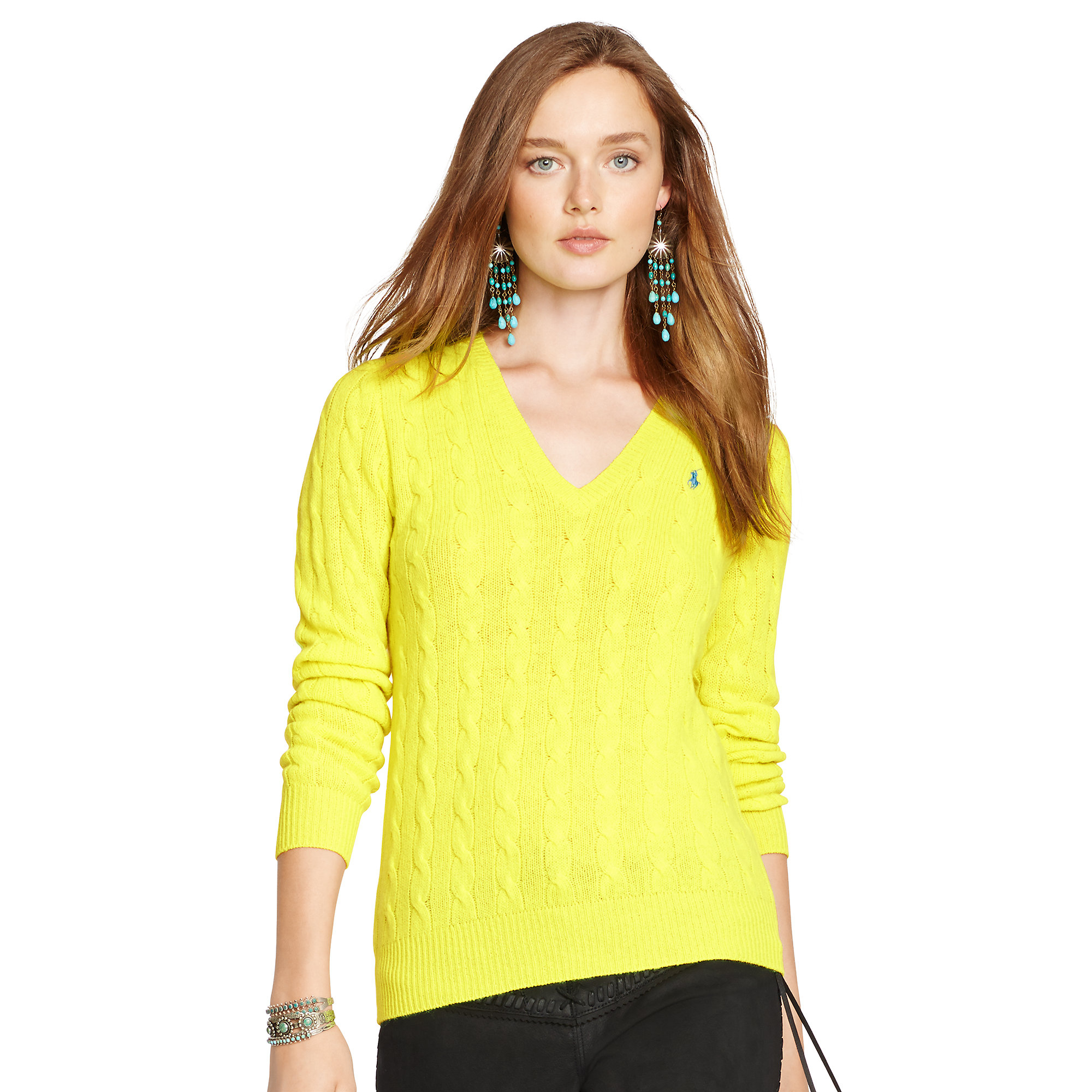 Polo ralph lauren Cable-Knit V-Neck Sweater in Yellow (Neon Yellow) | Lyst
