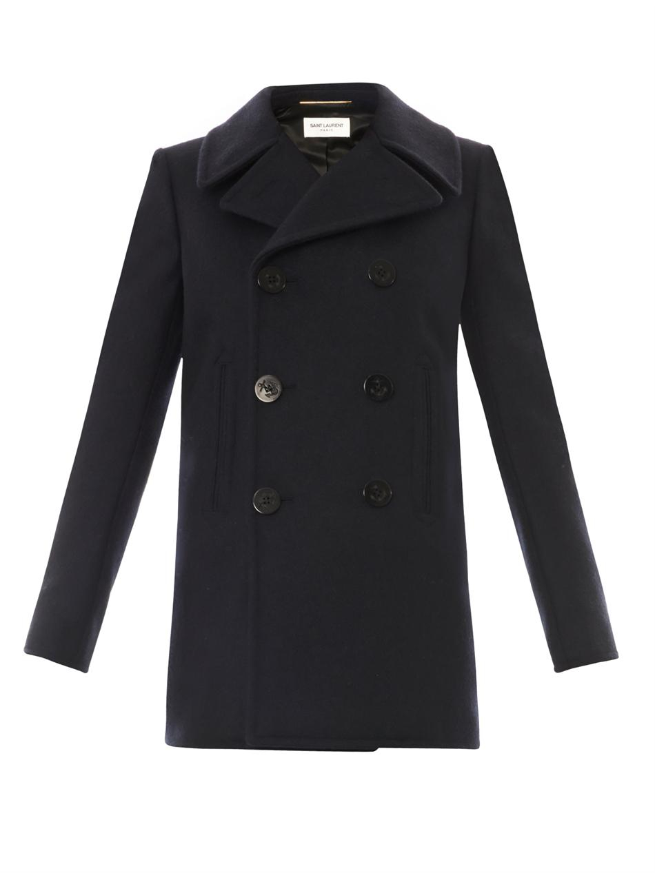 Saint Laurent Doublebreasted Navy Wool Pea Coat in Blue | Lyst