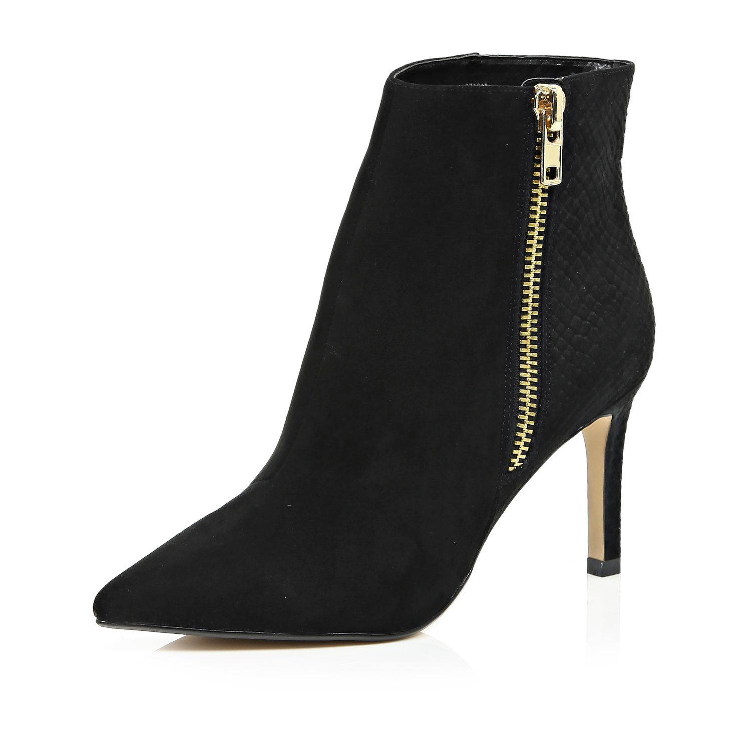 River island Black Pointed Toe Zip Trim Heeled Ankle Boots in Black | Lyst