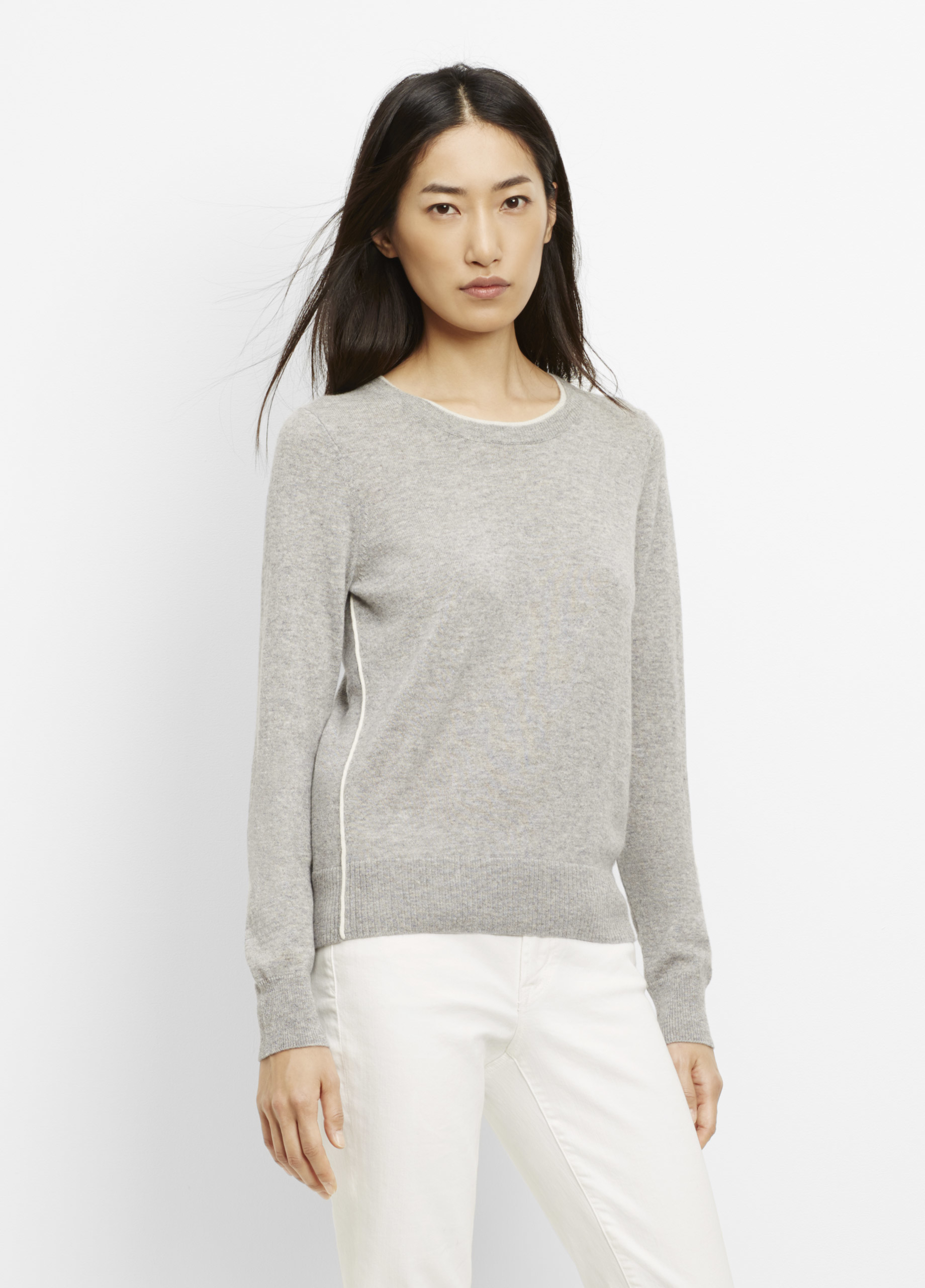 Vince Cashmere Crew Neck Sweater With Contrast Tipping in Gray | Lyst