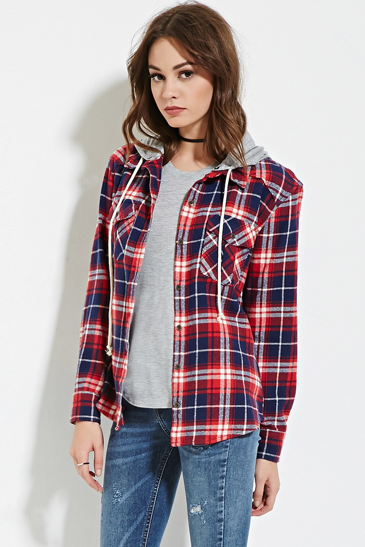 Lyst Forever 21 Hooded Plaid  Flannel  Shirt in Red