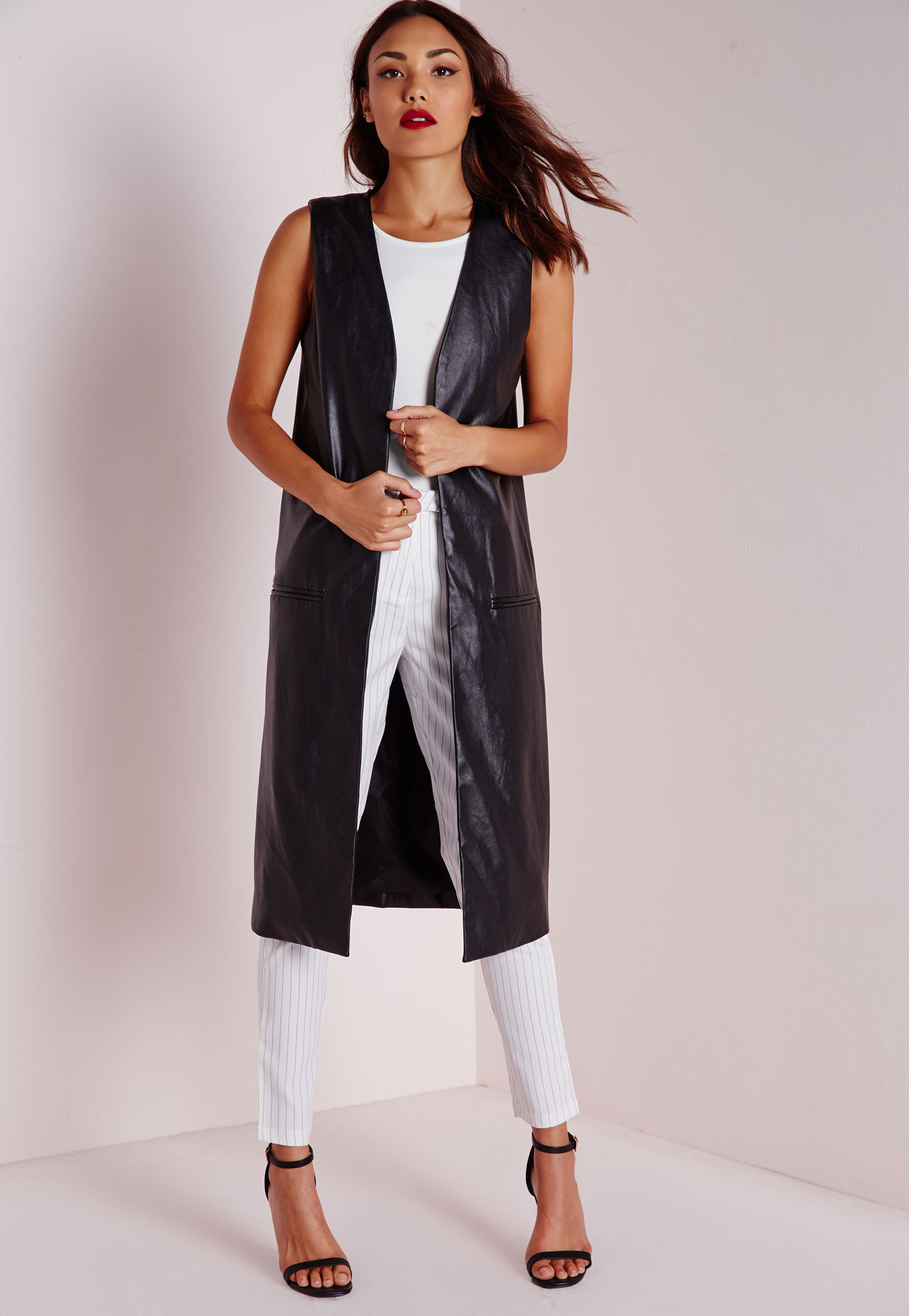 Lyst Missguided Longline Sleeveless Jacket In Faux Leather Black Gallery Women S Collarless Jackets Leather