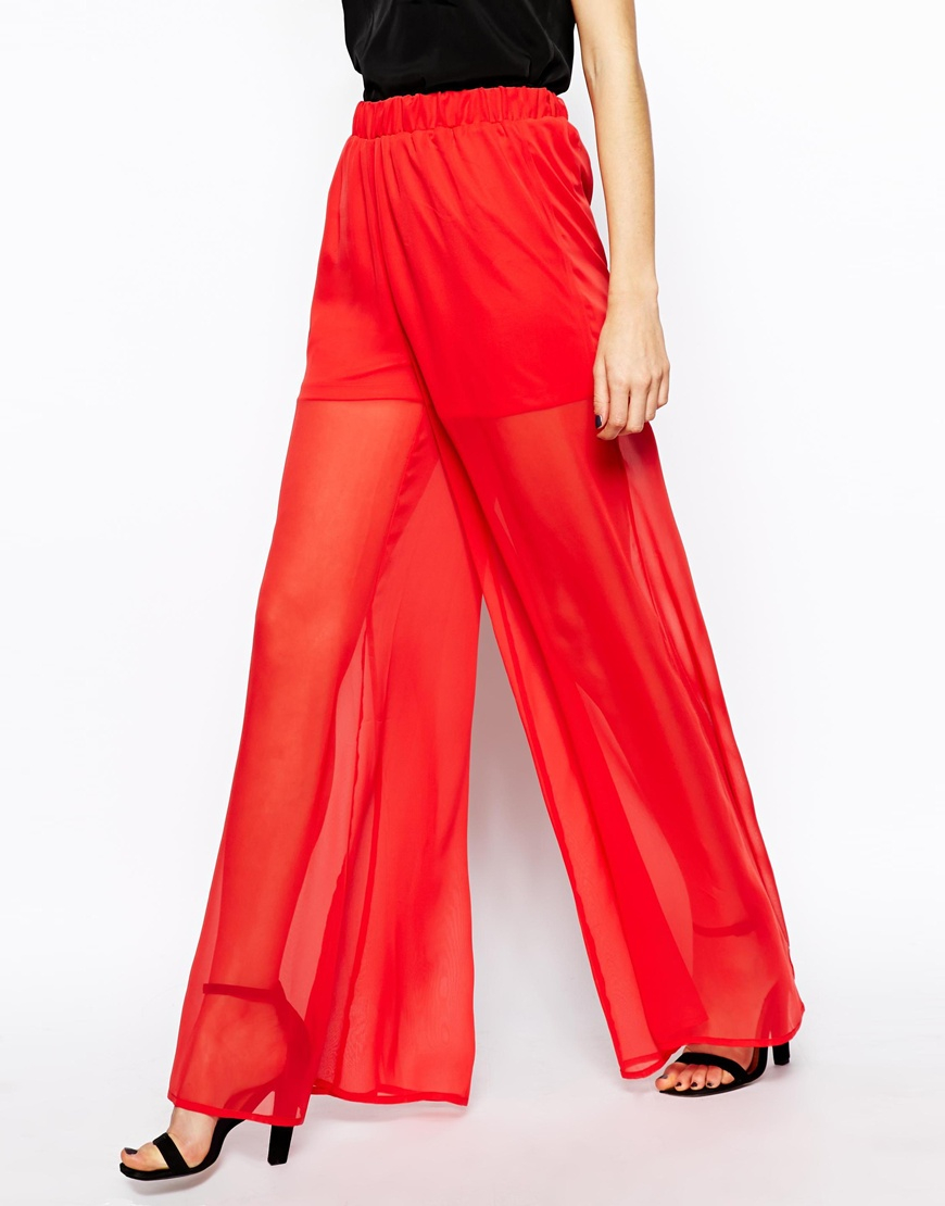 Lyst Asos Sheer Wide Leg Pants in Red