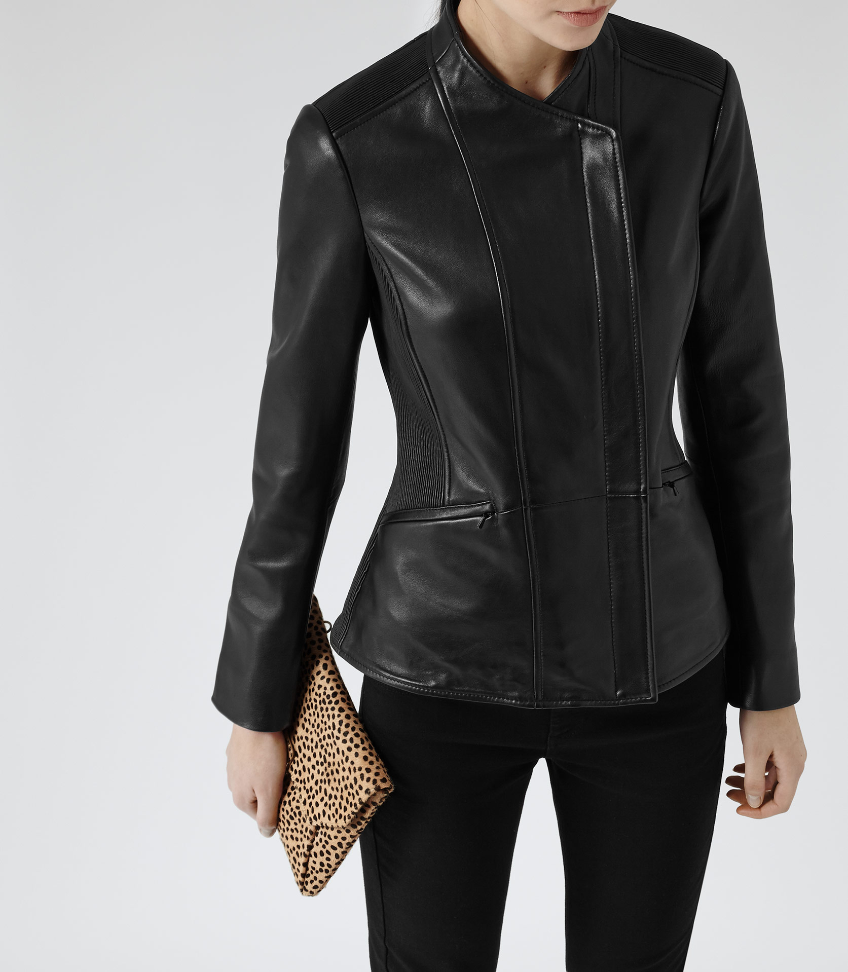 Lyst - Reiss Velvet Ribbed Detail Leather Jacket in Black