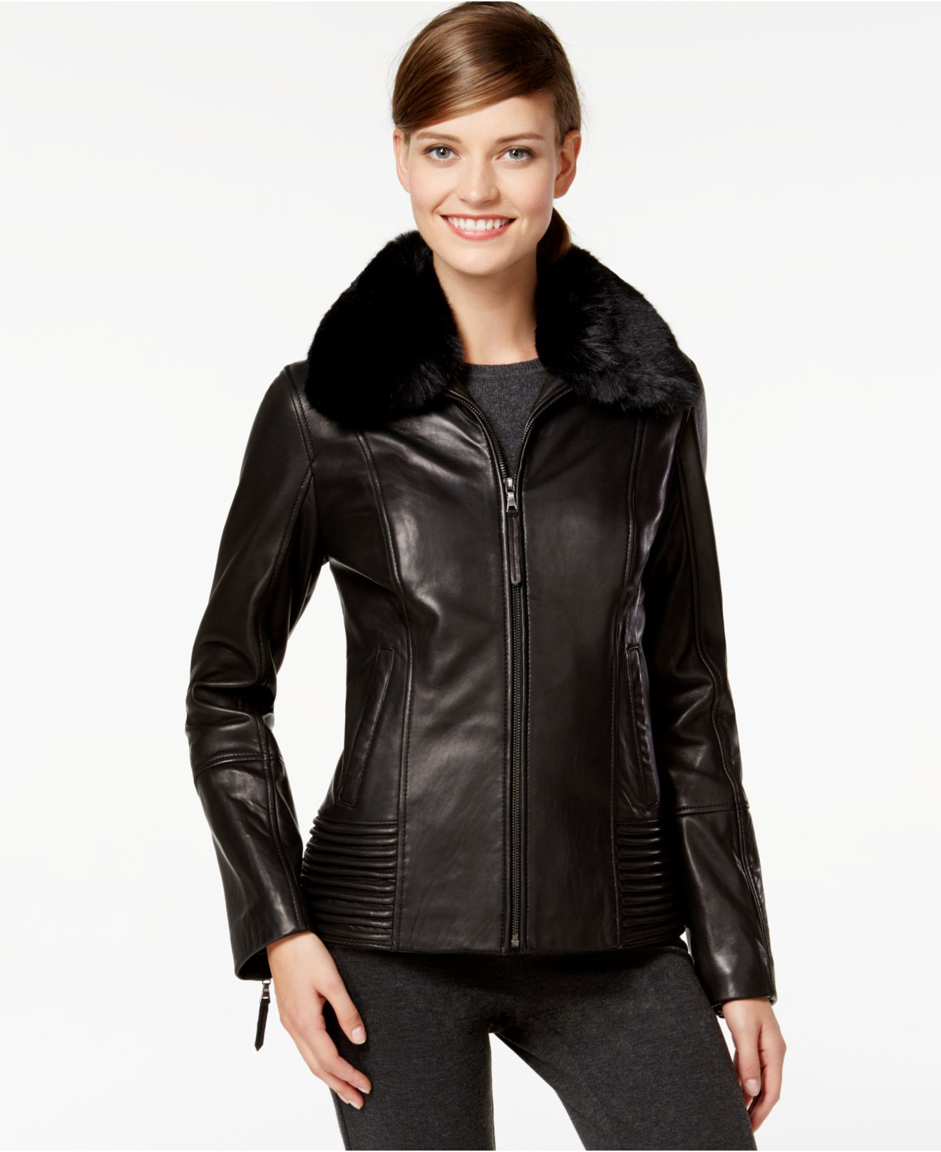 Lyst - Jones New York Faux-fur-collar Leather Jacket in Black
