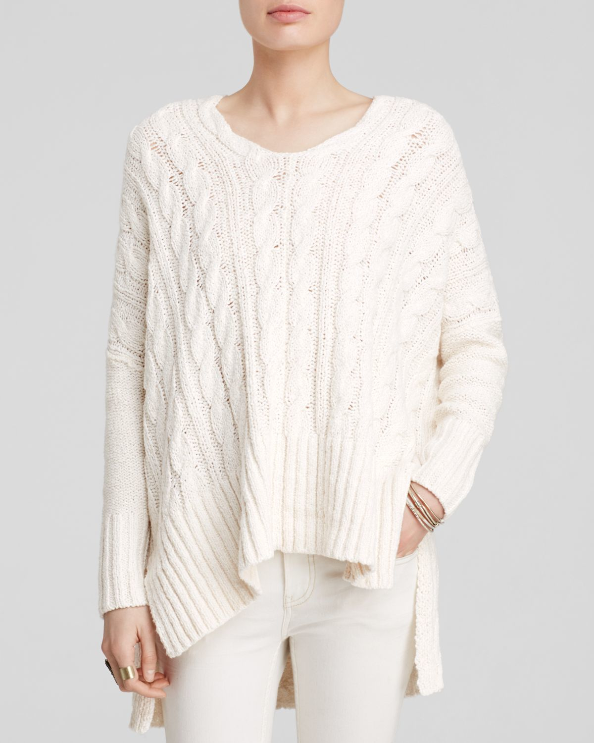 Free People White Cabled V Neck Sweater Lyst