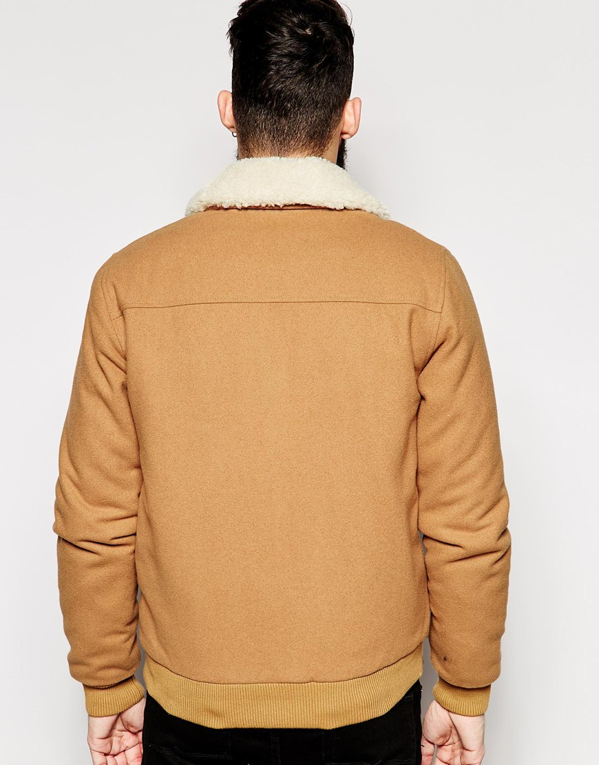 ASOS Wool Harrington Jacket With Fleece Collar in Brown for Men Lyst