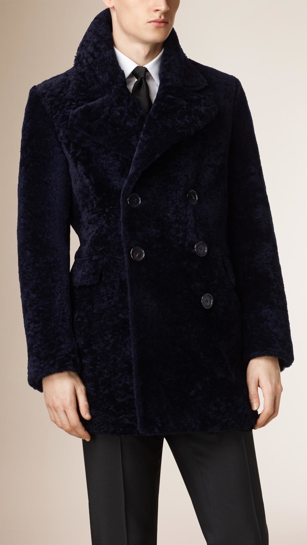 Burberry Shearling Pea Coat in Blue for Men | Lyst