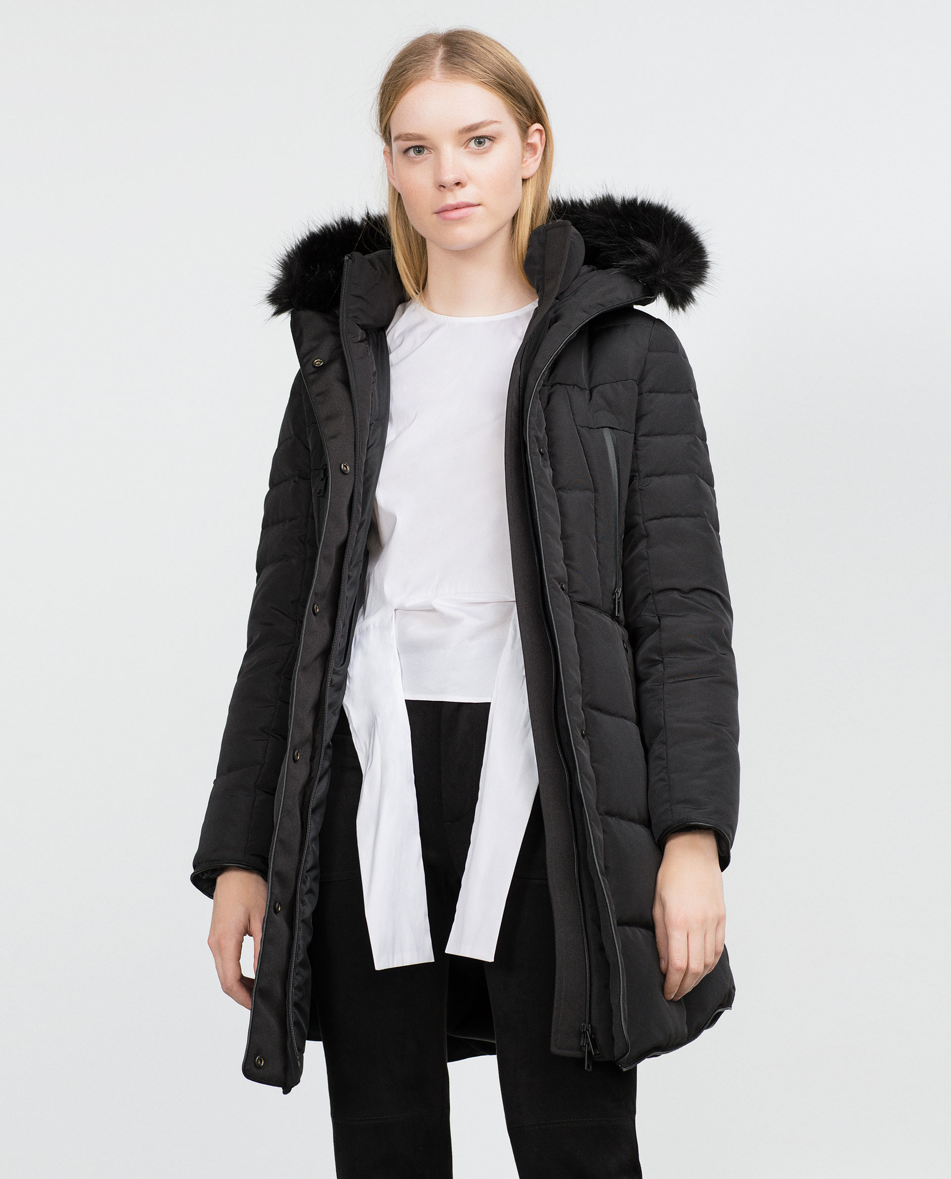 Zara Long Quilted Coat With Detachable Faux Fur in Black | Lyst