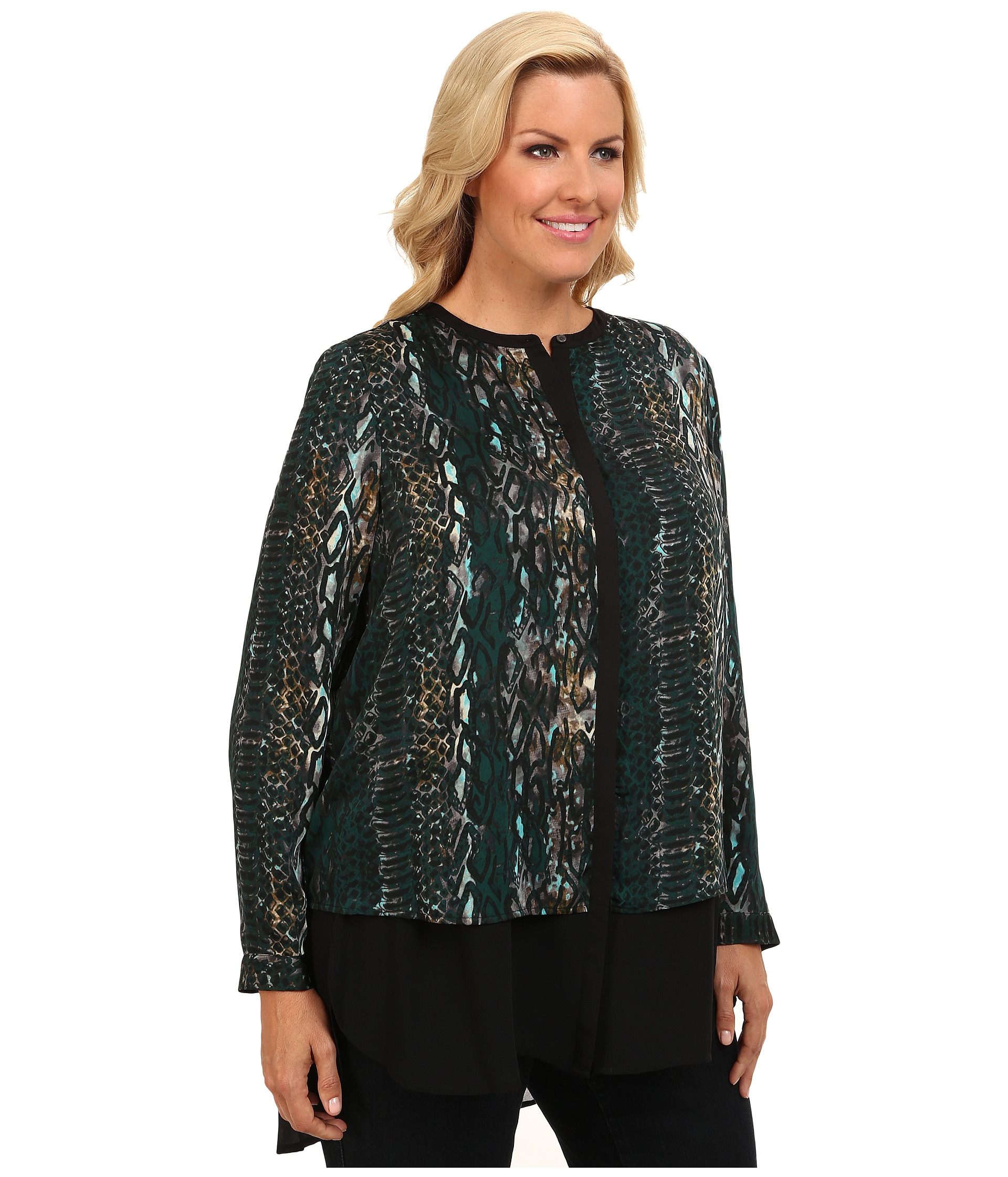 Dkny Plus Size Ls Chiffon Double Layer Button Thru Blouse in Green ...
