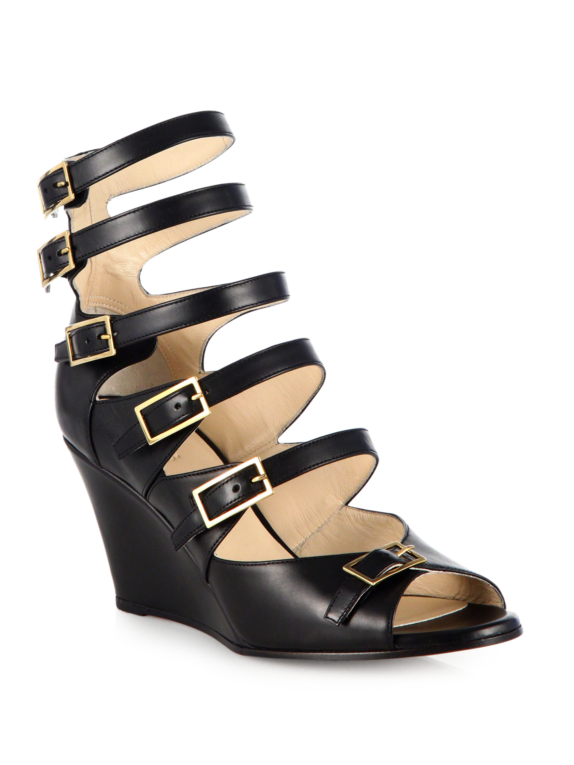 Chlo  Strappy  Leather Wedge  Sandals  in Black Lyst