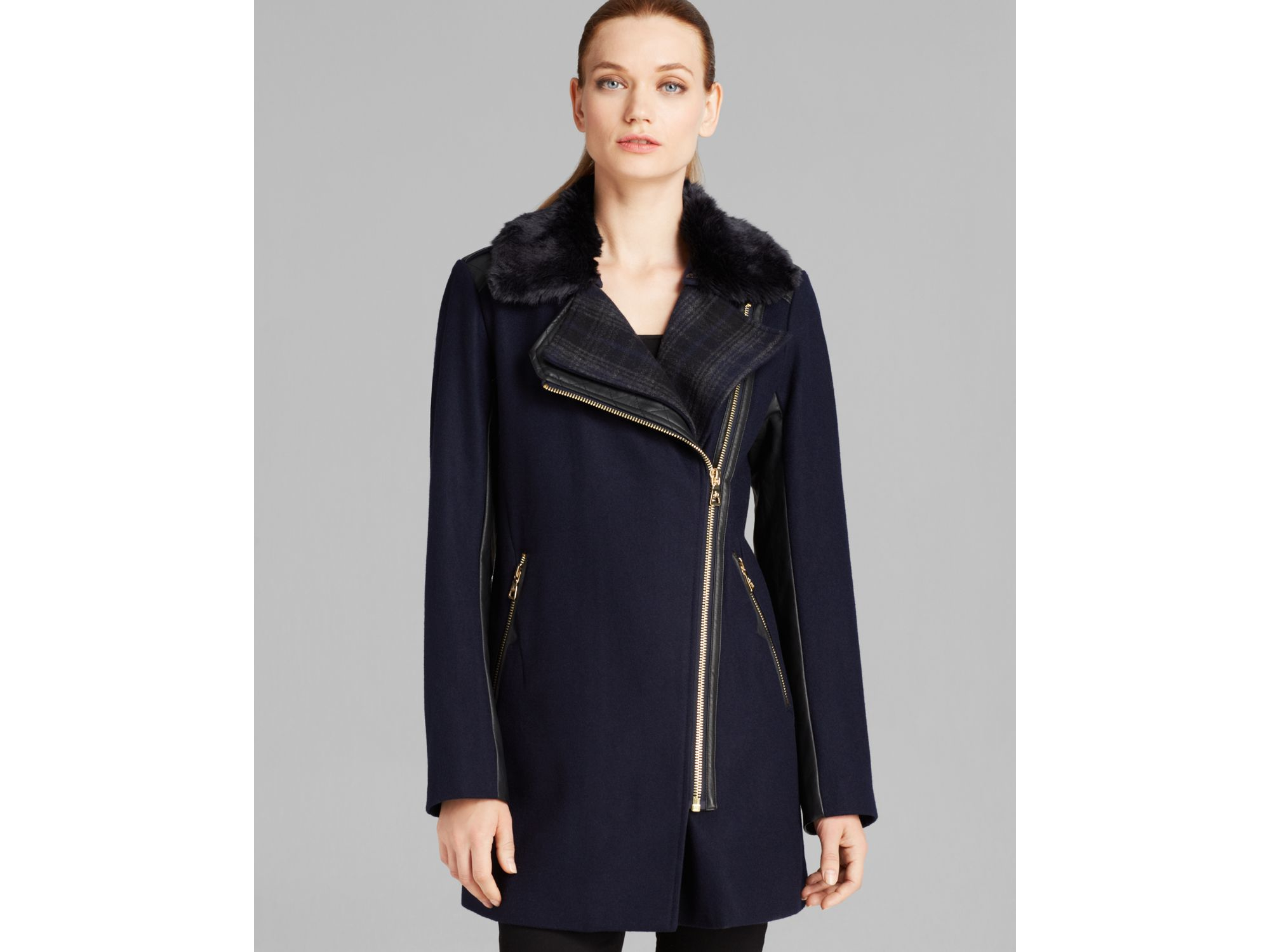 Lyst Sam Edelman Coat Leah Moto Faux Fur Collar Wool In Blue Gallery