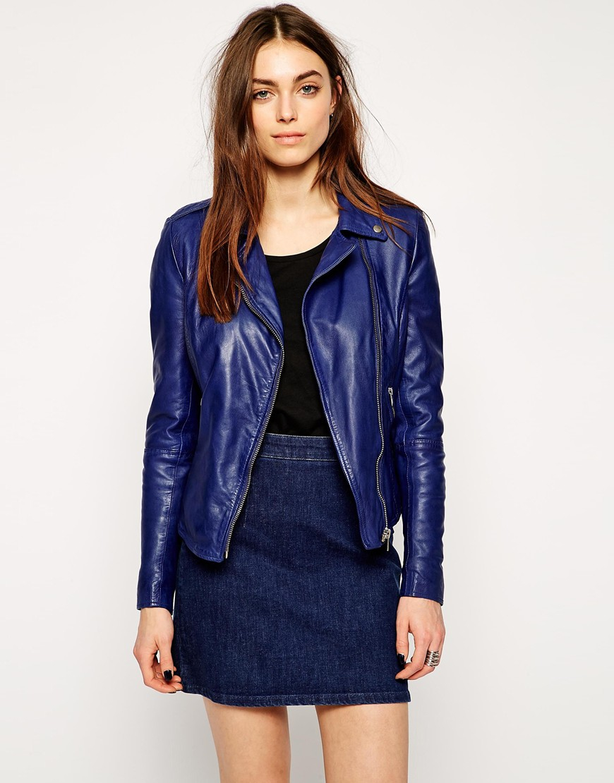 Muubaa Carmona Leather Biker Jacket In Blue Lyst Gallery Women S Biker Jackets