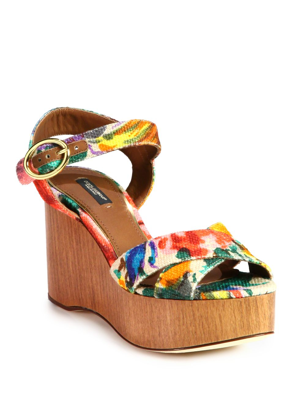 Dolce & Gabbana Floralprint Canvas Wooden Wedge Sandals in Multicolor ...