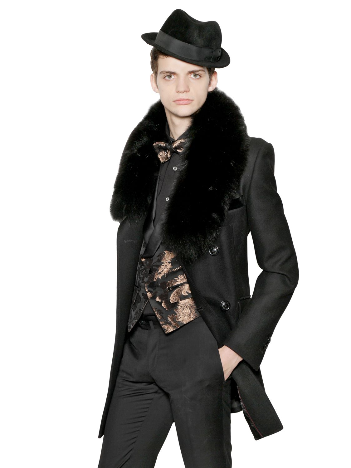 Lyst - Lords & Fools Wool Blend Coat With Fox Fur Collar in Black for Men