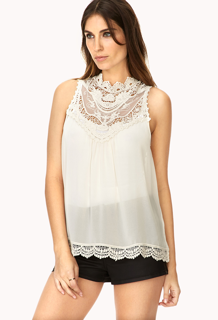Forever 21 Classic Crocheted Lace Blouse in White (Cream) | Lyst