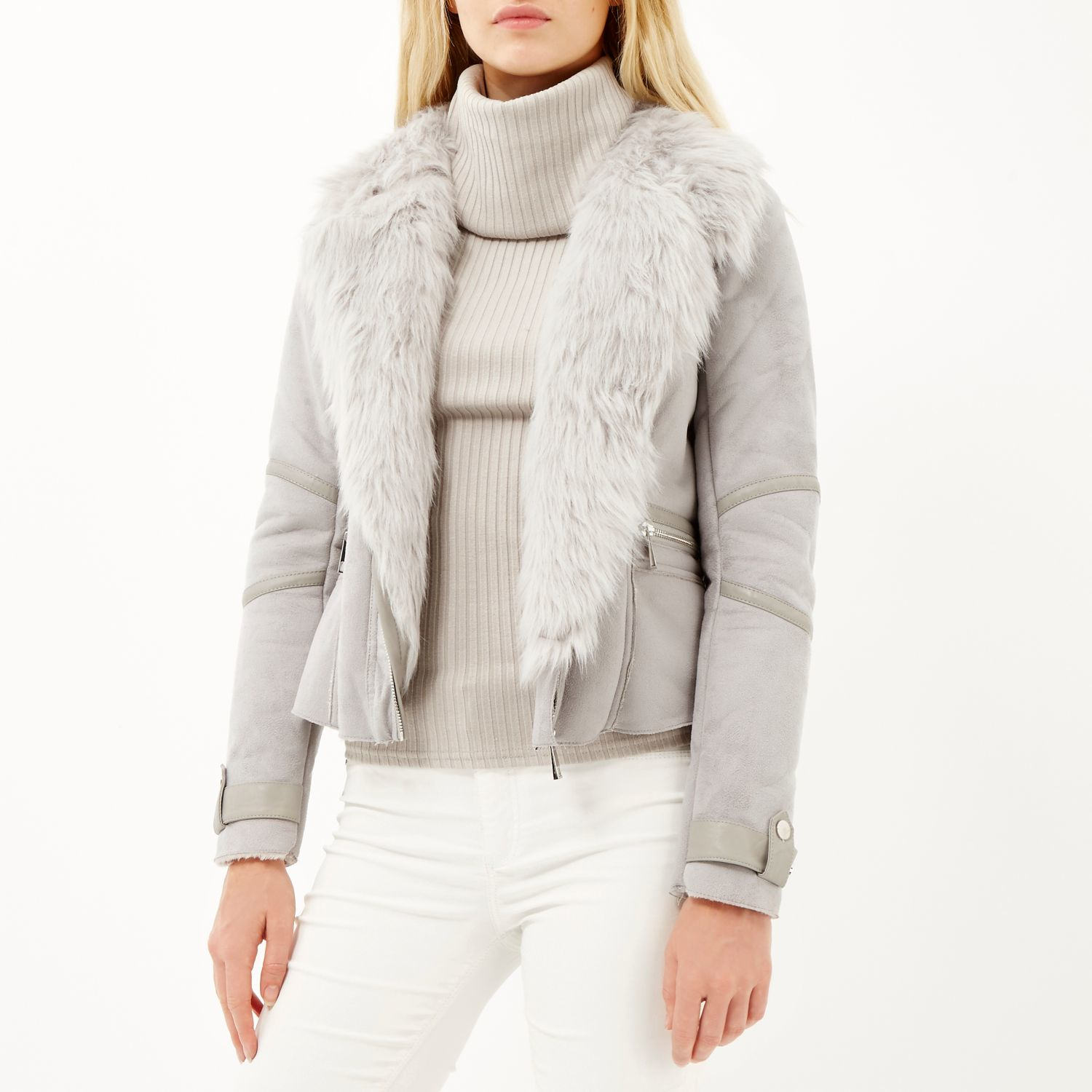 River Island Grey Faux Suede Fitted Biker Jacket In Gray Lyst Gallery