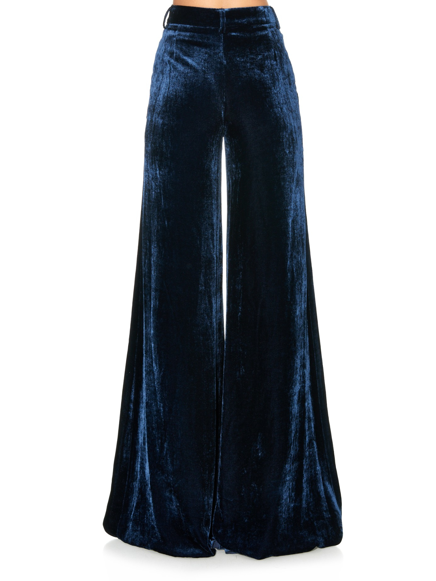 navy wide leg velvet trousers