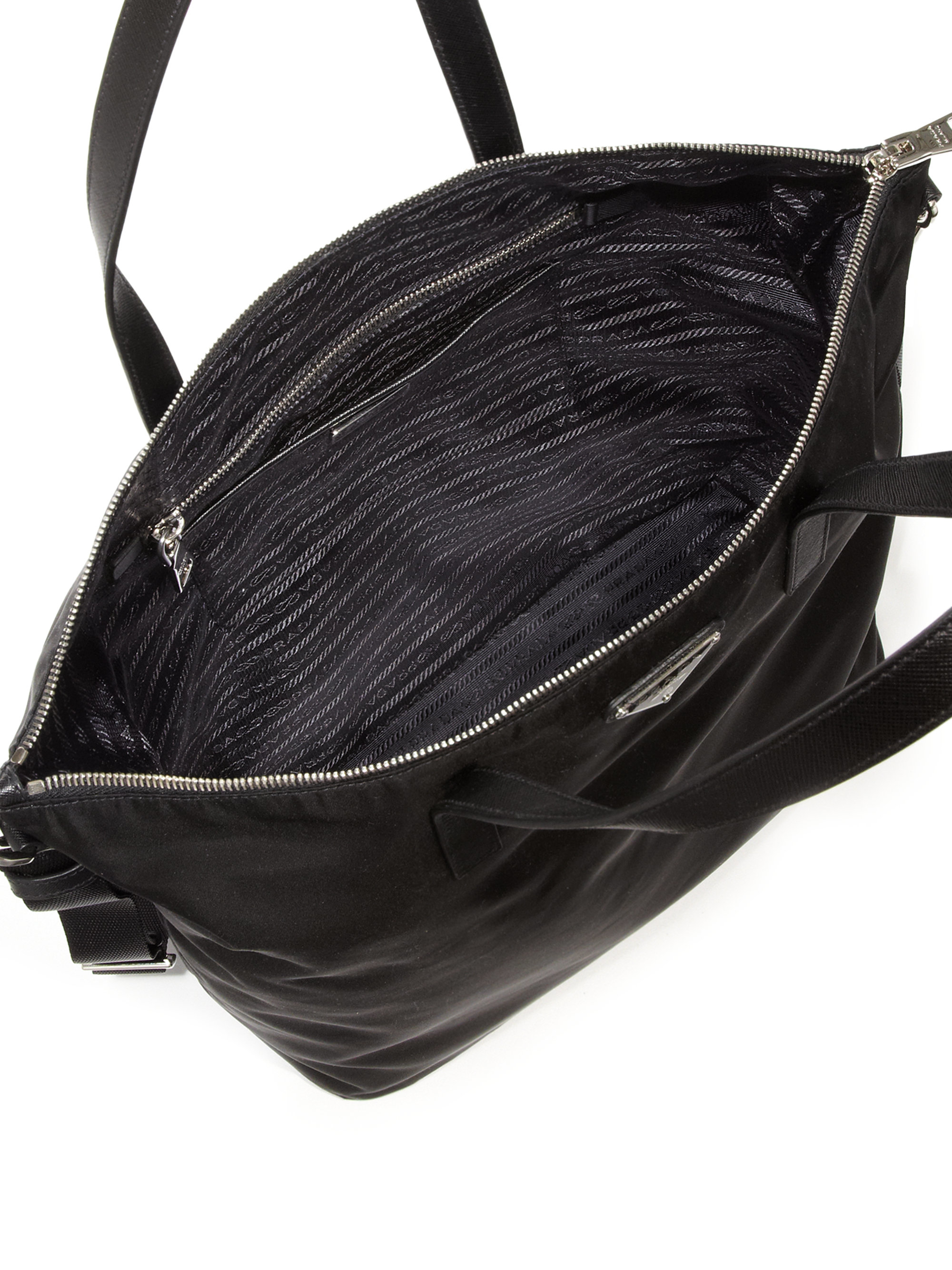 Prada Nylon \u0026amp; Leather Zip Tote in Black | Lyst  