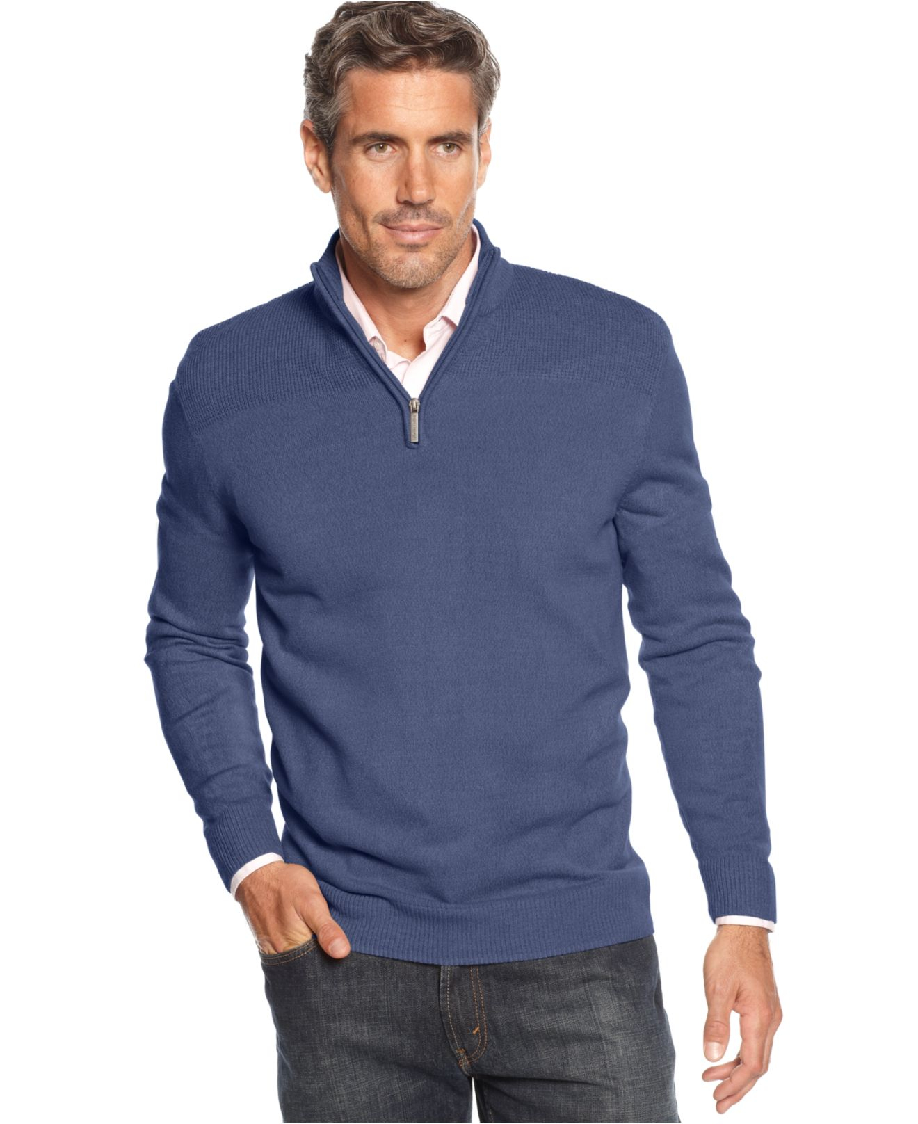 Geoffrey beene Big And Tall Solid Ribbed Quarter-zip Sweater in Blue ...