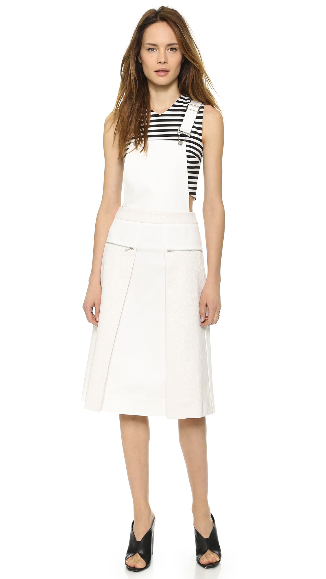 overall dress with white shirt